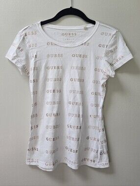 GUESS White Short-Sleeve Tee with Rose Gold Logo Allover